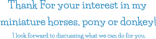 Thank For your interest in my  miniature horses, pony or donkey! I look forward to discussing what we can do for you.